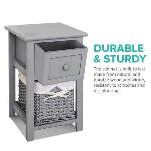 Nightstand, Solid Wood Bedside Table with Drawer and Wicker Basket for Home, Living Room, Bedroom 31 x 28 x 45cm (Grey) Nightstand, Solid Wood Bedside Table with Drawer and Wicker Basket for Home, Living Room, Bedroom 31 x 28 x 45cm (Grey)